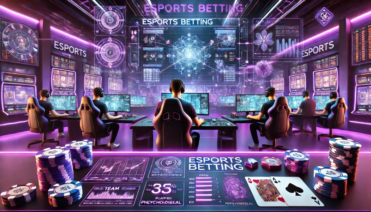 A futuristic esports betting scene with a strong purple-themed casino atmosphere. The image features a high-tech esports arena with professional gamers focused on their screens, surrounded by digital betting interfaces and holographic charts displaying team statistics, player performance, and psychological insights. Neon purple lighting highlights the energy of the environment. In the background, casino elements such as poker chips, playing cards, and slot machines subtly merge with esports visuals, symbolizing the fusion of competitive gaming and betting. The overall look is modern, vibrant, and high-tech, capturing the essence of esports betting.